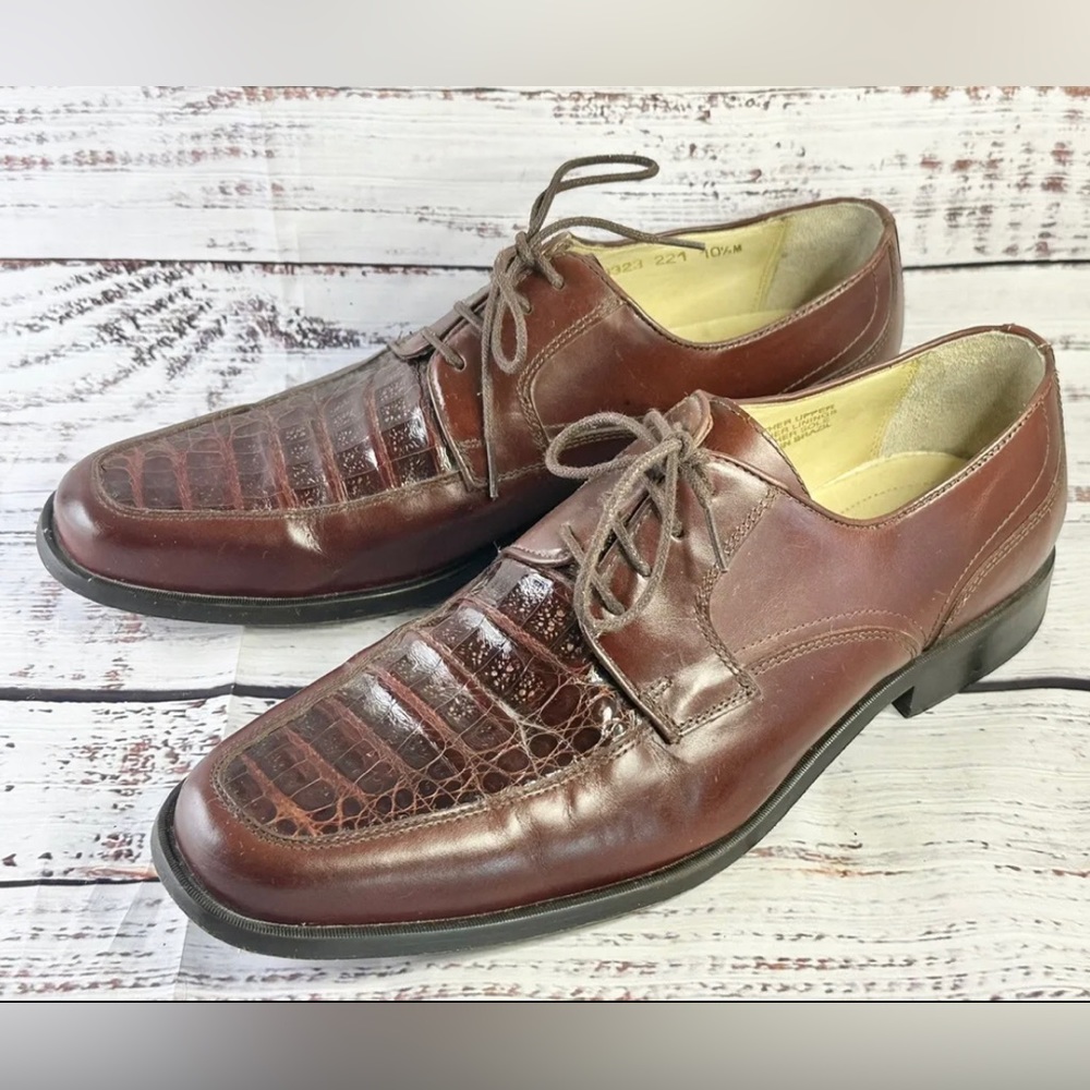 Brass Boot Cognac Genuine Crocodile & Leather Lace Up Oxford Dress Shoes 10.5.